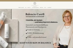 Die Website von Balencio Kosmetik, zu sehen sind Kosmetikprodukte und Geschäftsführerin Daniela Hoffmann